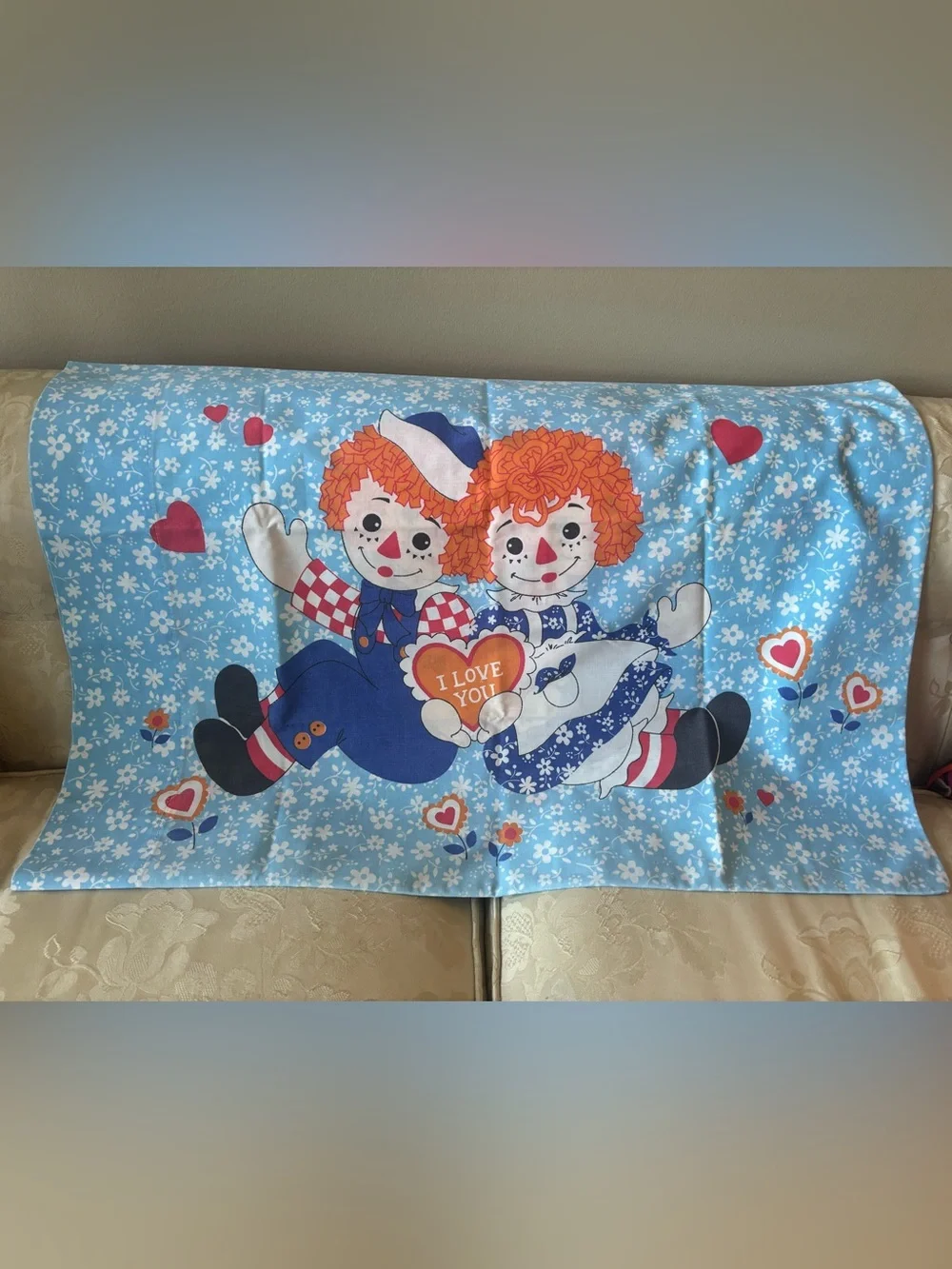 Vintage Raggedy Ann & Andy I Love You Pillowcase 30”x21”Bobbs-Merrill Co